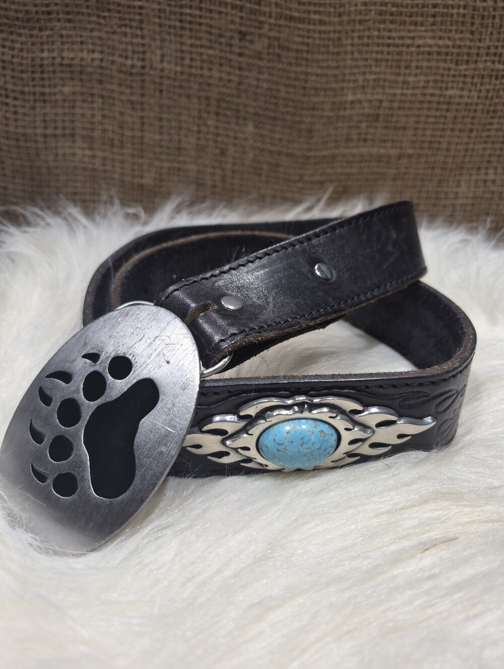 Siskiyou Vtg Pewter Belt Buckle with Genuine Cowhide Turqoise Belt 32"- 36"